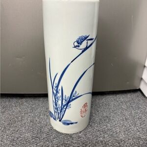 Elegant Blue Bird Cylinder White Porcelain Vase